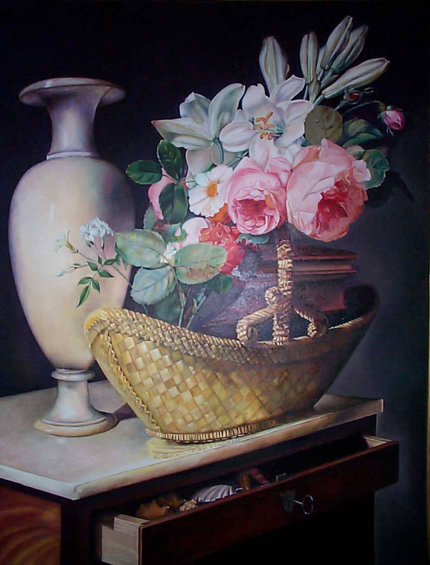 Nicolas Berjon : Bouquet of Lilies and Roses in a Basket
