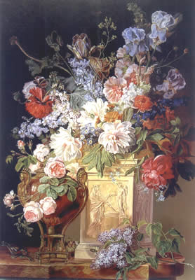 Van Spaendonck : Basket and Vase of Flowers 